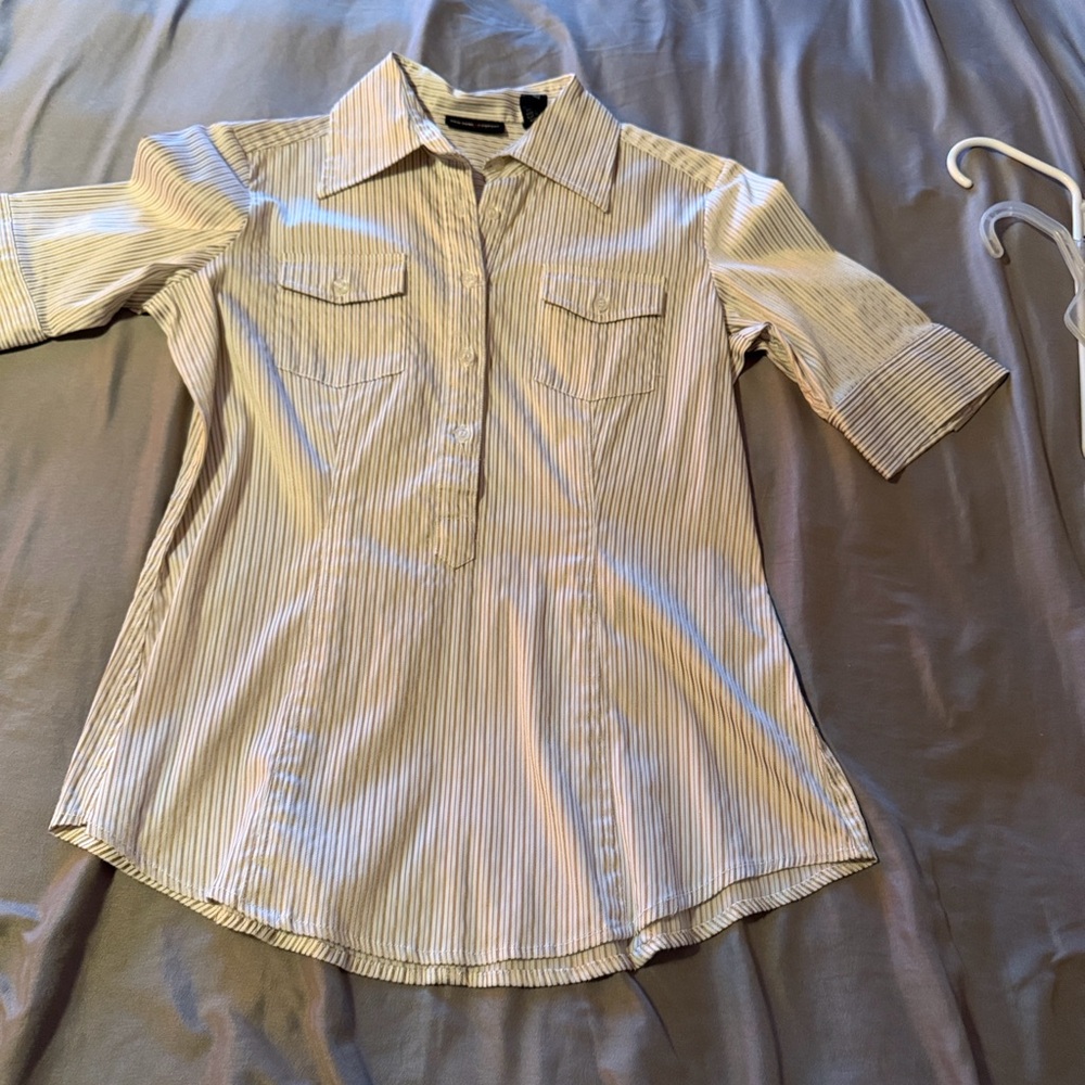 New York & Company Cream and Brown Striped Button Front Shirt